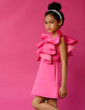 Jasmine Dress by MOQUE - neon pink dress with ruffles on sleeves