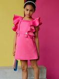 Jasmine Dress by MOQUE - neon pink dress with ruffles on sleeves