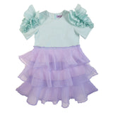 Eloise Dress by MOQUE - light green and pastel purple dress with ruffles on sleeves and skirt