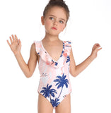 One-piece Flamingo Swimsuit for toddlers - Flamingos and blue palm trees print