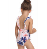 One-piece Flamingo Swimsuit for toddlers - Flamingos and blue palm trees print back