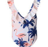 One-piece Flamingo Swimsuit for toddlers - Flamingos and blue palm trees print front