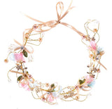 Gold Rose Flower Garland - Pink and blue flower hair garland with rose gold satin ties