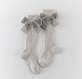 Velvet Bow Knee High Socks - Gray